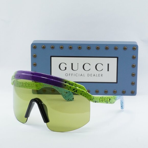 Gucci GG1477S 001 Shield Sunglasses - Violet Shaded Green/Light Green - Picture 1 of 11